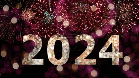 Photo for Firework of year 2024 greeting during new year eve countdown celebration, real illuminate fireworks festival in the sky display at night with colorful - Royalty Free Image