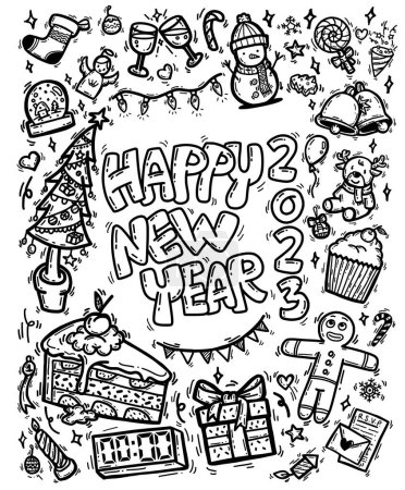 Téléchargez les photos : Dessin mignon doodle dessin animé heureux nouvelle année 2023 thème. contour vectoriel dessiné à la main pour les décorations de Noël et la fête du Nouvel An, y compris les articles d'ornement et l'équipement isolé sur fond blanc. - en image libre de droit