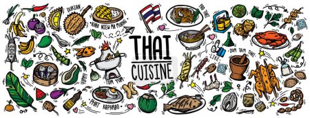 lindo doodle dibujos animados regional sabrosa comida tailandesa menú popular, postres, frutas e ingredientes. dibujo vector contorno colorido mano dibujada para apetitosos alimentos callejeros tailandeses aislados sobre fondo blanco.