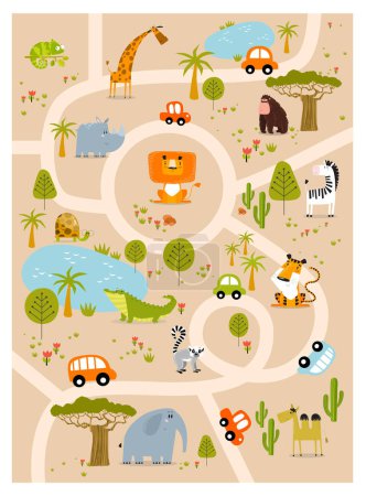 Drucken. Spielmatte für Kinder mit Safaritieren. Vector tropisches Labyrinth mit Tieren im Safaripark. Karikaturen tropischer Tiere. Afrikanische Tiere. Straße in einem Safaripark. Spiel für Kinder. Kinderspielmatte.