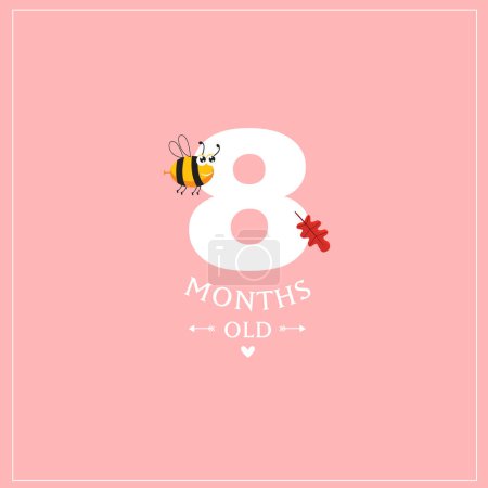 Print. Cute vector card "I'm 8 months old". Pink postcard for a photo of a child. First year of life. birthday