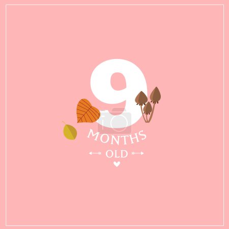 Print. Cute vector card "I'm 9 months old". Pink postcard for a photo of a child. First year of life. birthday