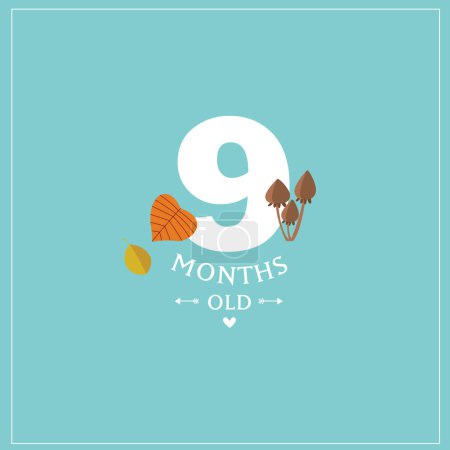 Drucken. Nette Vektorkarte "Ich bin 9 Monate alt". Blaue Postkarte für ein Foto eines Kindes. Das erste Lebensjahr. Geburtstag