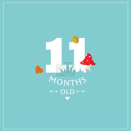 Drucken. Nette Karte "Ich bin 11 Monate alt". Blaue Postkarte für ein Foto eines Kindes. Das erste Lebensjahr. Geburtstag