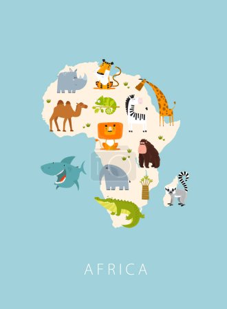 Ilustración de Impresión. Cartel vectorial "África" con animales del continente. Mapa de África. Animales africanos. Personajes de dibujos. León, elefante, cebra, gorila, jirafa, camello, cocodrilo, tiburón, lémur. - Imagen libre de derechos