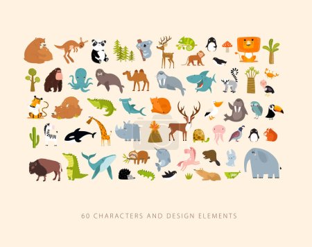 Illustration for Print. Big vector set of cartoon animals. Forest animals, tropical animals, sea animals. - Royalty Free Image