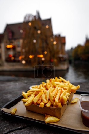 Téléchargez les photos : Eating traditional street food - the Belgian Fries outdoors in Europe's old town - en image libre de droit