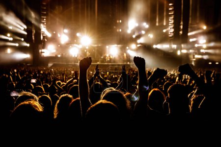 Téléchargez les photos : La foule heureuse dans une salle de concert. Silhouettes de mains levées - en image libre de droit