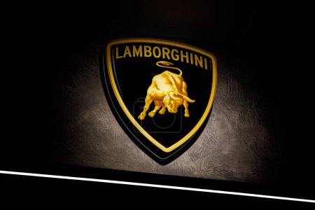 Photo for Bologna, Italy - April 1, 2023: Lighted modern Lamborghini logo - Royalty Free Image