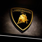 Bologna, Italy - April 1, 2023: Lighted modern Lamborghini logo