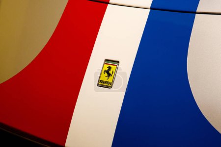 Photo for Maranello, Italy - April 01, 2023: Ferrari logo on the striped car hood - Royalty Free Image