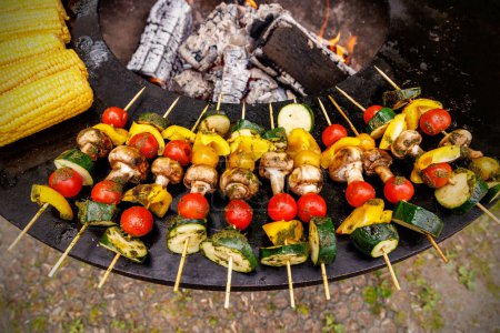 Photo for Grilled Vegetables in a Herb Marinade on a Grill Pan During a Summer Picnic - Royalty Free Image