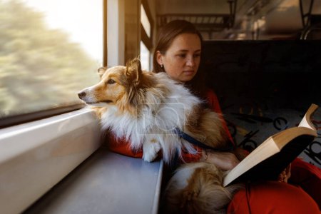 Girl travels with a dog in a train and reads a book