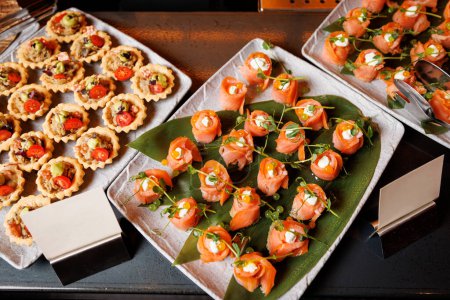 A gourmet spread of assorted appetizers, featuring succulent salmon rolls and savory tartlets, elegantly displayed on a chic catering table.