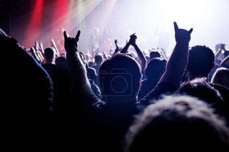 Live concert, where silhouetted figures are immersed in the euphoria of music, their hands raised in unison.