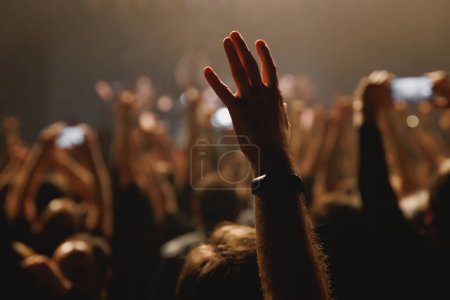 Music fan with raised hand during open-air festival