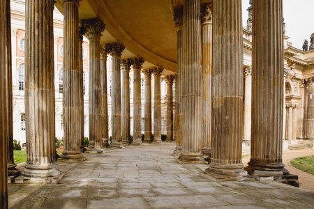 Columnata antigua, con la alineación rítmica de columnas erosionadas adornadas con diseños intrincados