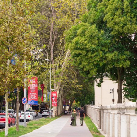 Téléchargez les photos : Istanbul, Turquie - 31 août 2022 : Piétons marchant dans un passage avec d'énormes arbres verts dans le parc Gulhane en été, district du Sultan Ahmet - en image libre de droit