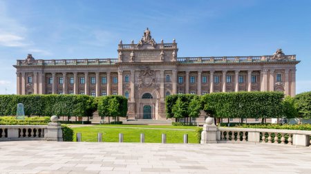 Photo for Facade of Riksdagshuset, the Swedish Parliament House, located on the island of Helgeandsholmen, Old town, or Gamla Stan, Stockholm, Sweden, in a summer day - Royalty Free Image