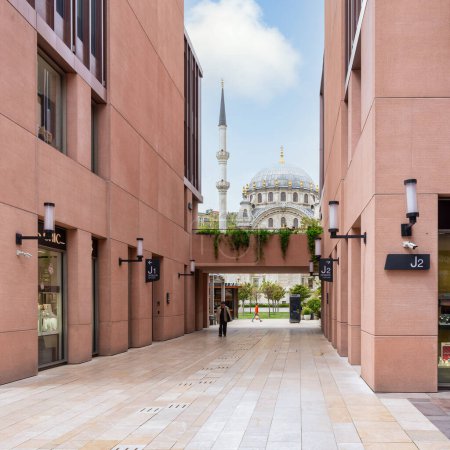 Photo for Istanbul, Turkey - May 5, 2023: Internal passage at Galataport mixed use development, with Nusretiye imperial Ottoman Mosque at the far end, located along shore of Bosphorus strait, Karakoy district - Royalty Free Image