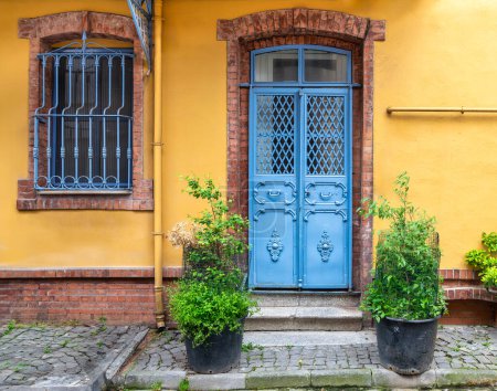 Encantadora puerta de metal azul adornada con una perilla vintage y ventana de hierro forjado que añade un toque de color a un cálido edificio amarillo. Verdor exuberante se derrama de macetas que bordean una calle empedrada