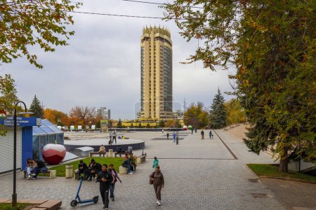 Photo for Almaty City 29 October 2023. Hotel Kazakshtan in the city of Almaty, Kazakhstan. The most popular building in Almaty - Royalty Free Image