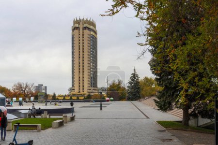 Photo for Almaty City 29 October 2023. Hotel Kazakshtan in the city of Almaty, Kazakhstan. The most popular building in Almaty - Royalty Free Image