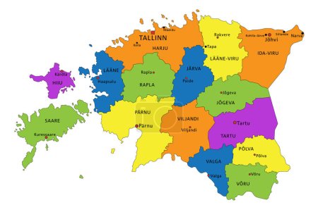 Téléchargez les illustrations : Carte politique Estonie colorée avec des couches clairement étiquetées et séparées. Illustration vectorielle. - en licence libre de droit