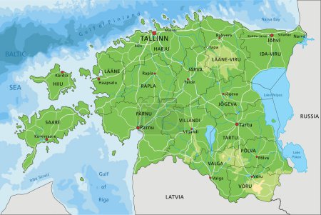 Ilustración de Mapa físico de Estonia altamente detallado con etiquetado. - Imagen libre de derechos