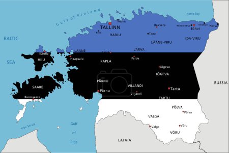 Ilustración de Estonia mapa político muy detallado con bandera nacional aislada sobre fondo blanco. - Imagen libre de derechos