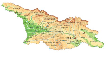Ilustración de Mapa físico de Georgia altamente detallado con etiquetado. - Imagen libre de derechos