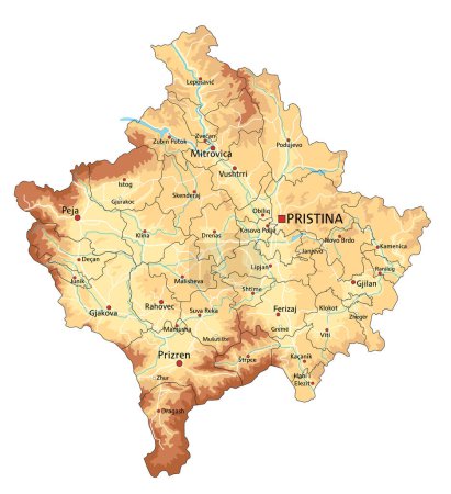 Ilustración de Mapa físico de Kosovo altamente detallado con etiquetado. - Imagen libre de derechos