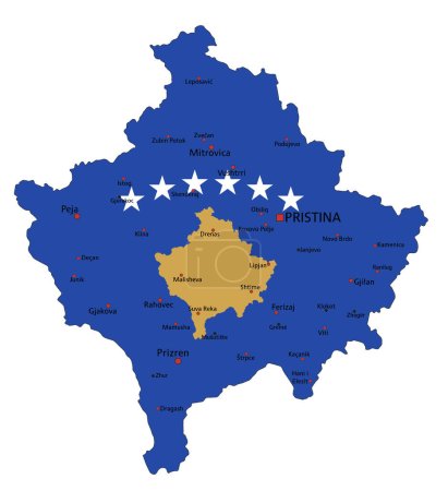 Illustration pour Kosovo carte politique très détaillée avec drapeau national isolé sur fond blanc. - image libre de droit