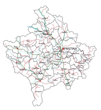 Illustration pour Carte routière et autoroutière du Kosovo. Illustration vectorielle. - image libre de droit