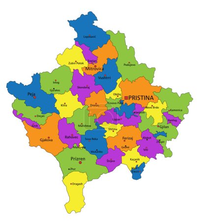 Ilustración de Colorido mapa político de Kosovo con capas claramente etiquetadas y separadas. Ilustración vectorial. - Imagen libre de derechos