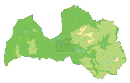 Ilustración de Mapa físico de Letonia altamente detallado con etiquetado. - Imagen libre de derechos