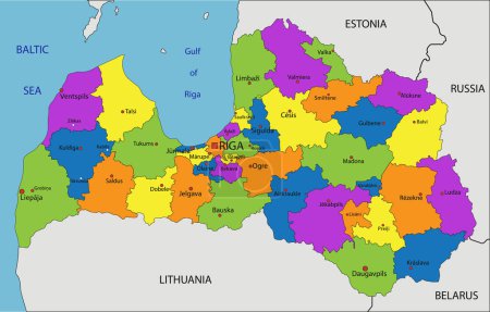 Téléchargez les illustrations : Carte politique colorée de Lettonie avec des couches clairement étiquetées et séparées. Illustration vectorielle. - en licence libre de droit