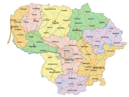 Ilustración de Lituania - Mapa político editable altamente detallado con etiquetado. - Imagen libre de derechos