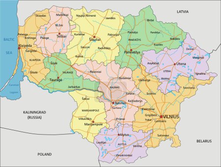 Ilustración de Lituania - Mapa político editable altamente detallado con etiquetado. - Imagen libre de derechos