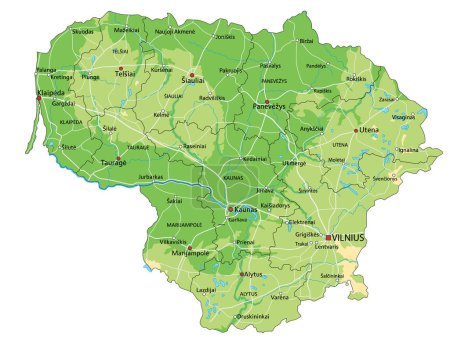 Mapa físico de Lituania altamente detallado con etiquetado.