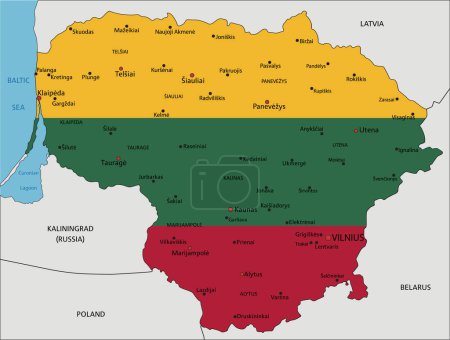 Ilustración de Lituania mapa político muy detallado con bandera nacional aislada sobre fondo blanco. - Imagen libre de derechos