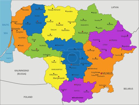 Téléchargez les illustrations : Carte politique colorée de Lituanie avec des couches clairement étiquetées et séparées. Illustration vectorielle. - en licence libre de droit