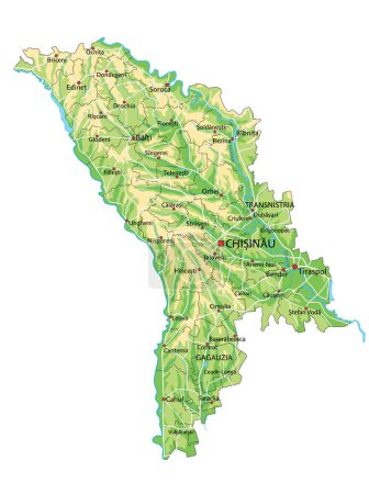 Ilustración de Mapa físico de Moldavia altamente detallado con etiquetado. - Imagen libre de derechos