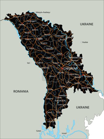 Ilustración de Hoja de ruta de Moldavia detallada con etiquetado. - Imagen libre de derechos