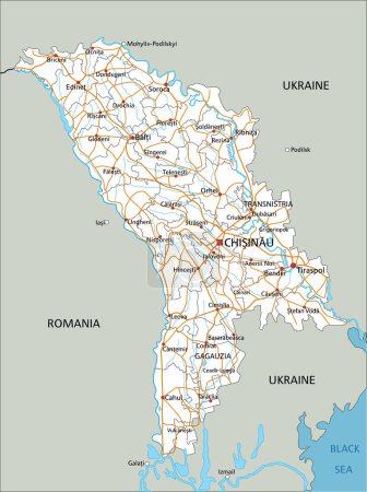 Ilustración de Hoja de ruta de Moldavia detallada con etiquetado. - Imagen libre de derechos