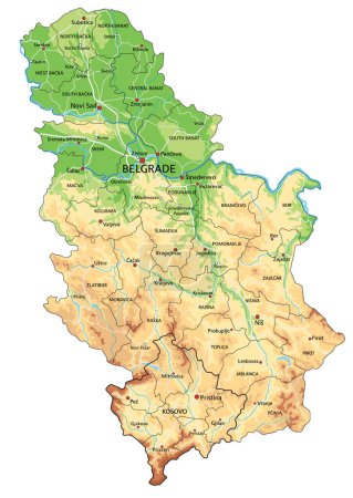 Ilustración de Mapa físico de Serbia altamente detallado con etiquetado. - Imagen libre de derechos