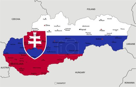 Téléchargez les illustrations : Slovaquie carte politique très détaillée avec drapeau national isolé sur fond blanc. - en licence libre de droit