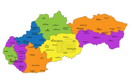 Téléchargez les illustrations : Carte politique slovaque colorée avec des couches clairement étiquetées et séparées. Illustration vectorielle. - en licence libre de droit