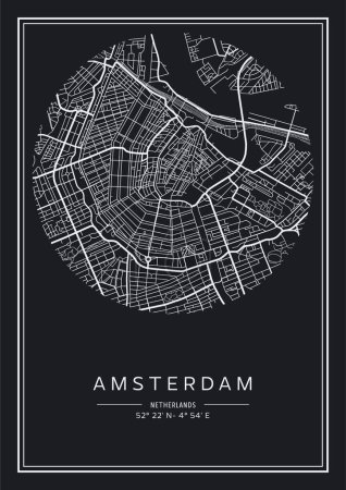 Téléchargez les illustrations : Plan de la ville Amsterdam imprimable en noir et blanc, poster design, illistration vectorielle. - en licence libre de droit