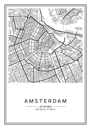 Mapa de Ámsterdam imprimible en blanco y negro, diseño de póster, vector illistration.